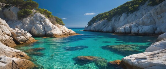 Obraz premium Coastal landscape with clear turquoise water and rocky cliffs under a clear blue sky on a sunny day