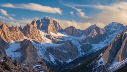 Fototapeta premium Mountain range landscape with snow-capped peaks under clear blue sky during golden hour in rugged terrain.