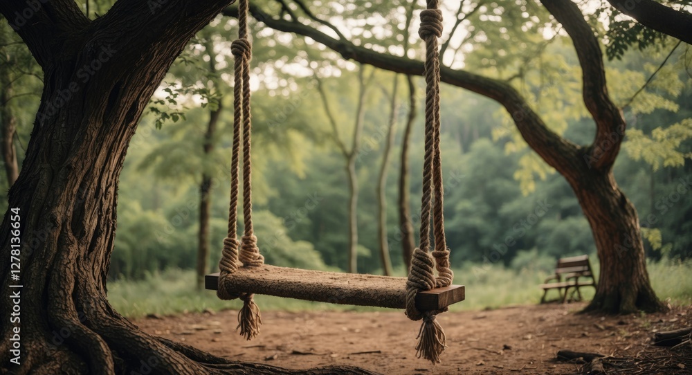 Poster tree swing hanging from thick branches in a serene forest setting with lush greenery in the backgrou