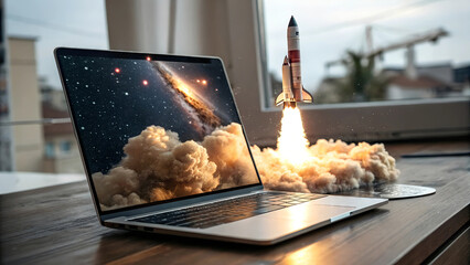 rocket, laptop, launch, space, technology, galaxy, startup, exploration, innovation, digital, cloud, spaceflight, future, universe, breakthrough, Rocket Launching from Laptop with Cosmic Background