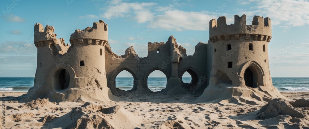 Poster sandcastle structure with turrets and archways on a beach with ocean in the background under blue sk