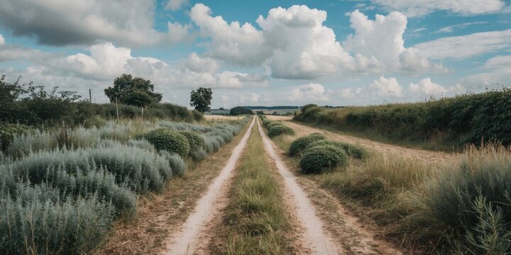 Dirt road winding through rural landscape with green shrubs and dramatic clouds under blue sky on sunny day - Powered by Adobe