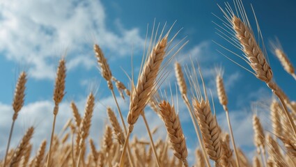 Fototapeta premium Golden wheat field with blue sky and clouds close-up of wheat plants in agricultural landscape during sunny day