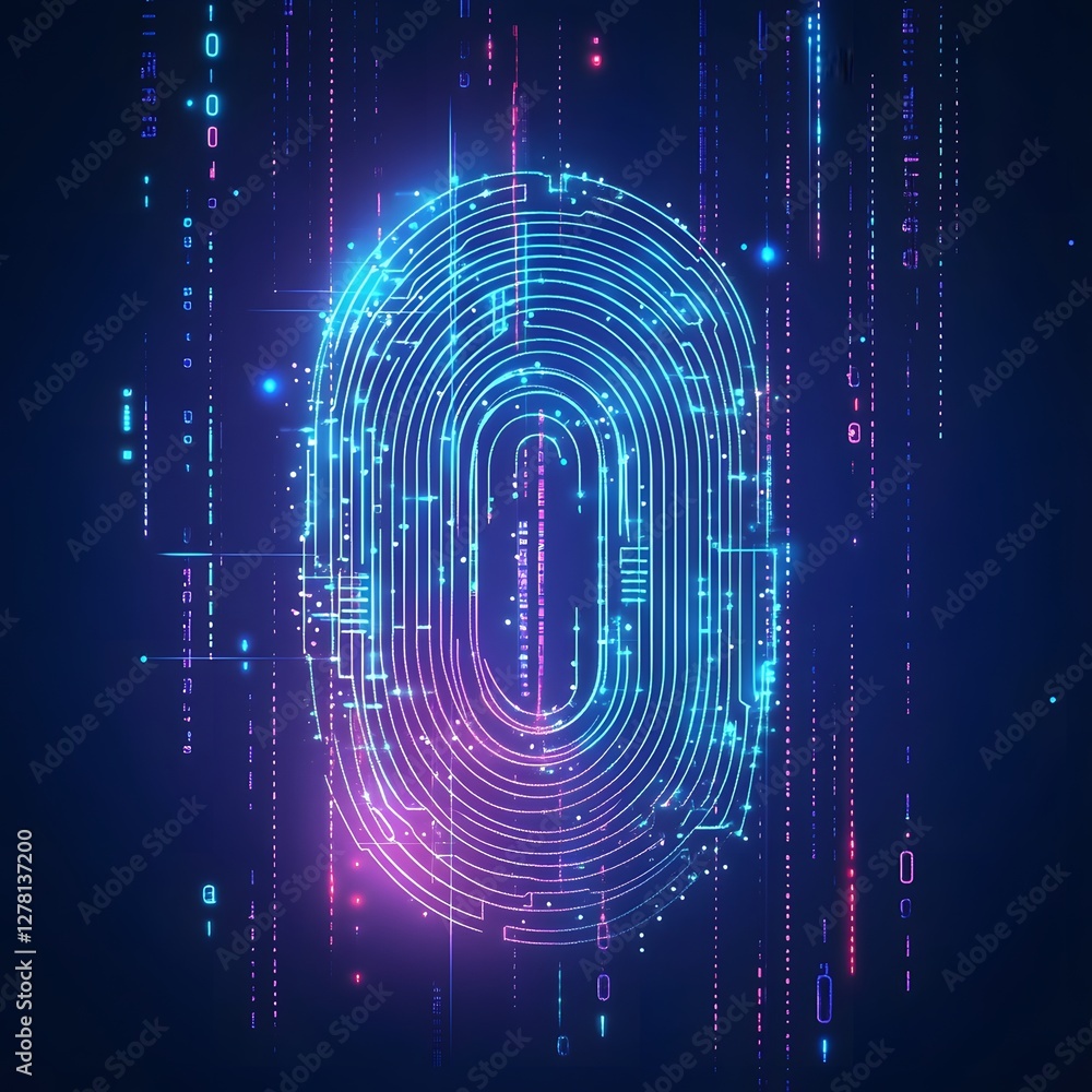 Poster Biometric fingerprint authentication security system represented by a detailed digital fingerprint pattern on a futuristic abstract high tech