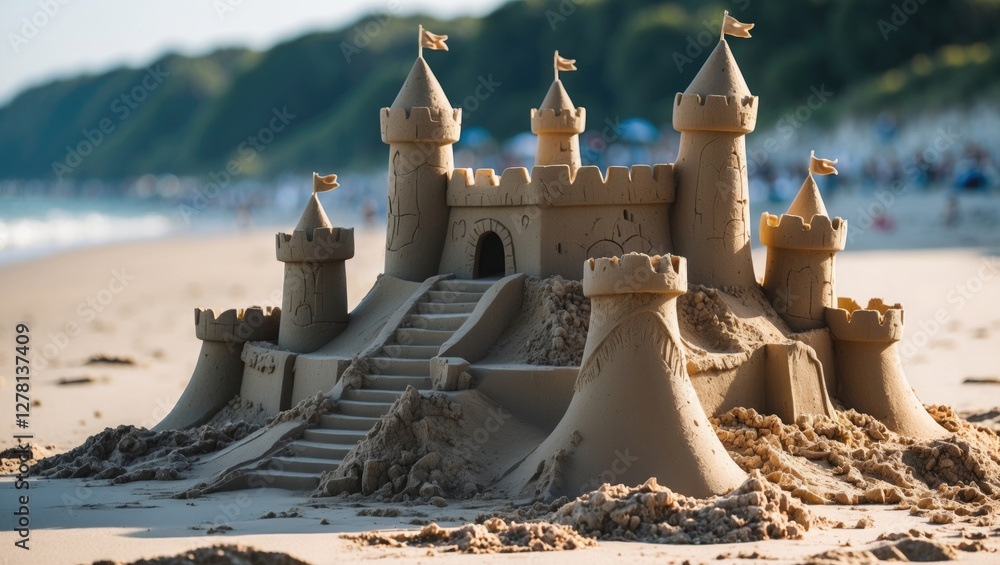 Poster sandcastle with towers and flags built on a beach during golden hour with blurred background of peop