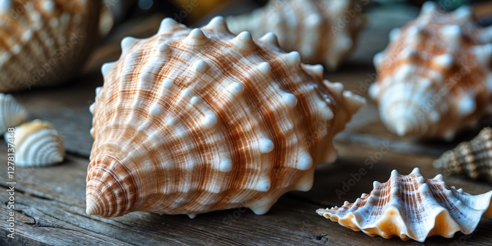 Poster brown and white sea shells scattered on a wooden surface with a blurred background of additional she