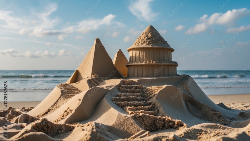 Poster sandcastle featuring pyramids and a dome structure on a beach with ocean waves and cloudy sky in the