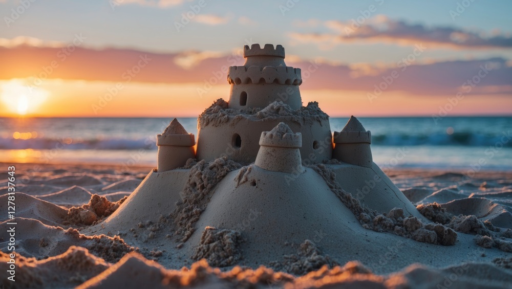 Poster sandcastle on beach at sunset with ocean waves in background and soft clouds in sky creating a tranq