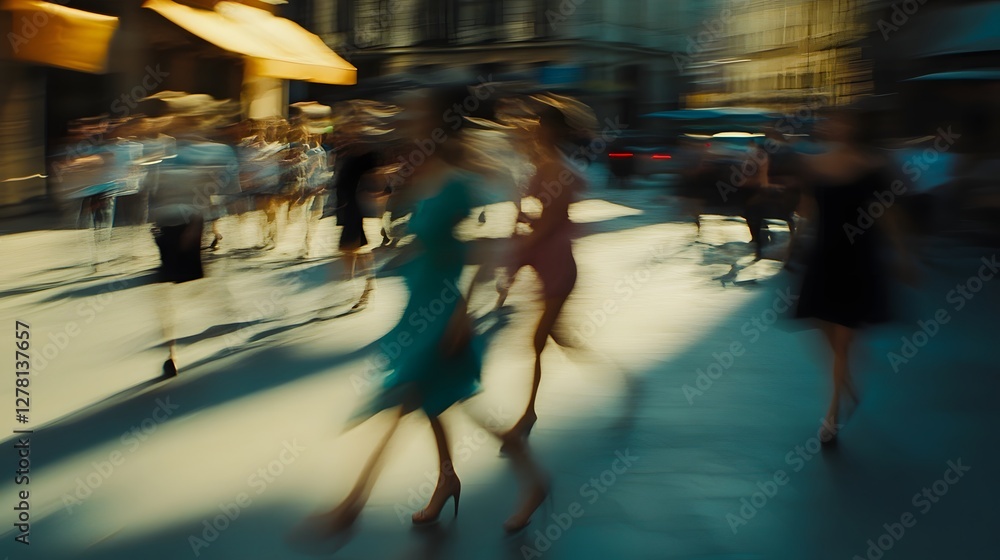 Poster blurred motion of people walking with umbrellas in the rain along a busy illuminated city street at 