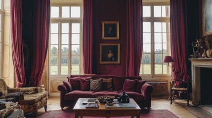 Heavy pleated curtains in a rich burgundy shade, adding drama to a grand room.