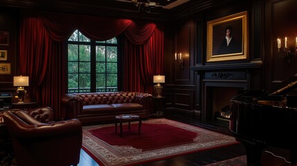 Heavy pleated curtains in a rich burgundy shade, adding drama to a grand room.