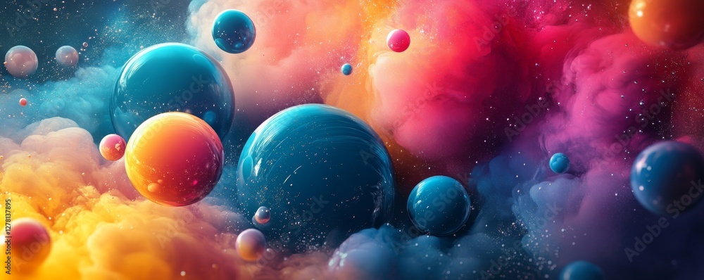 Poster abstract spheres floating in colorful clouds, creating a vibrant and surreal scene. the artwork feat