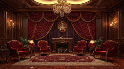Fototapeta premium Heavy red velvet theater-style curtains framing a dramatic scene in a luxurious home interior.