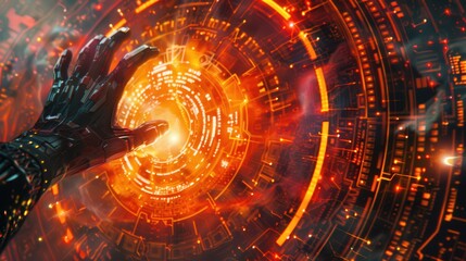 Obraz premium Exploration of Futuristic Technology Through a Hand Interacting With a Glowing Circular Digital Interface