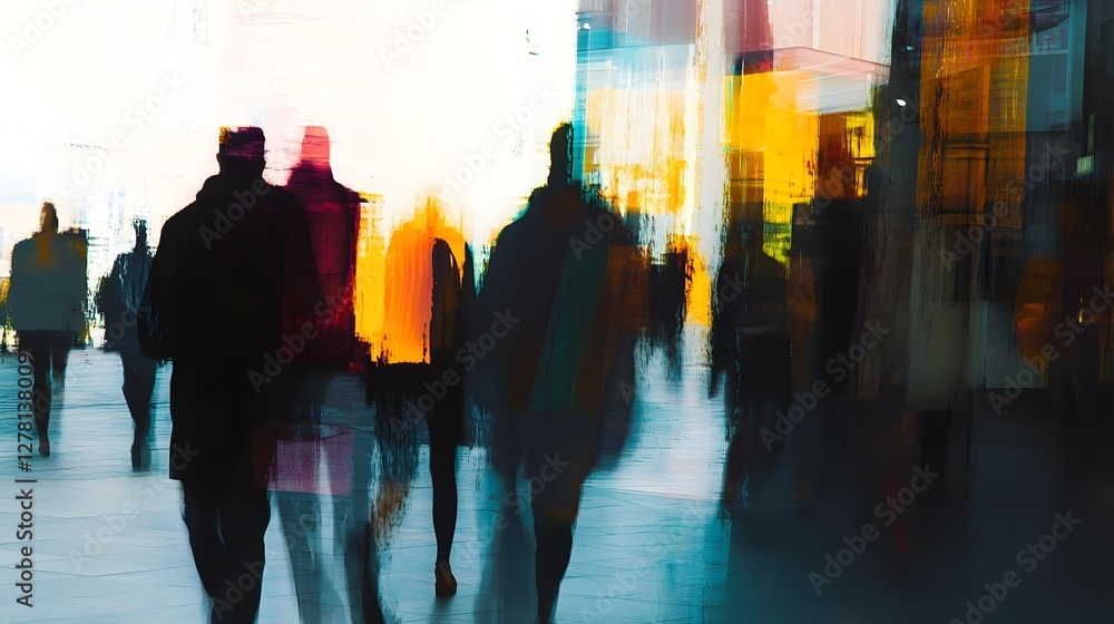 Poster Blurred silhouettes of a large crowd of anonymous commuters rushing through a busy dynamic city street  Faceless figures in motion creating an abstract