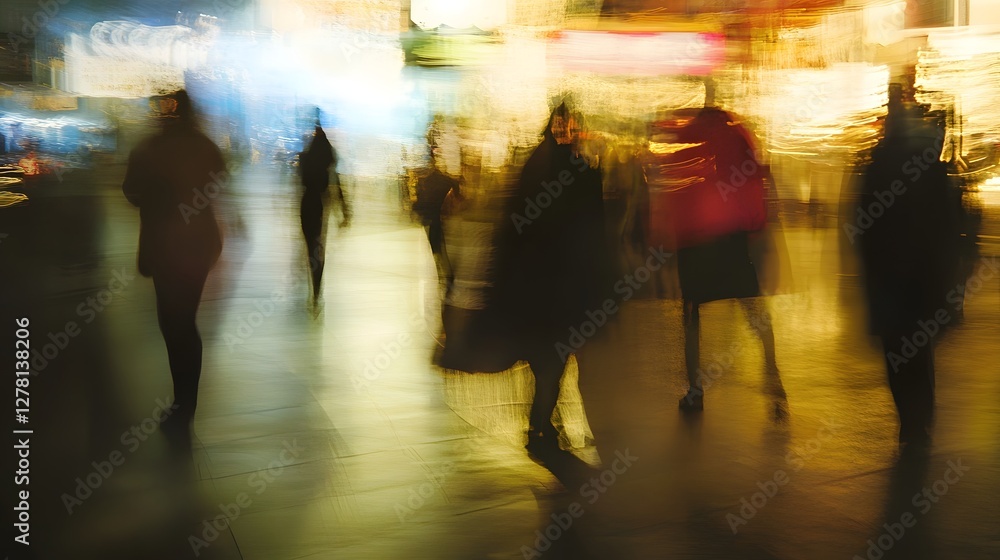 Poster blurred silhouettes of anonymous commuters moving swiftly through the bustling streets of a modern n