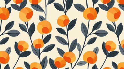 Floral pattern, orange fruit, cream background, branches
