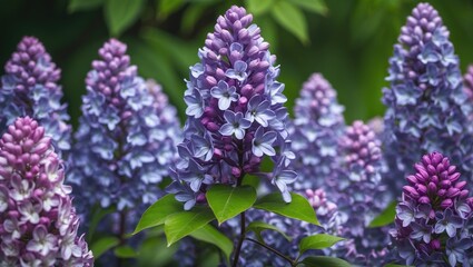 Obraz premium Purple and blue lilac flowers with green leaves in a lush garden setting during springtime