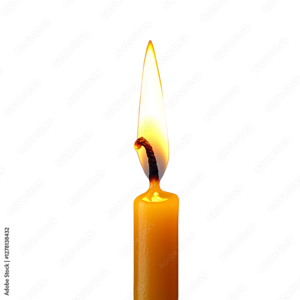 Poster bright yellow candle with flickering flame against transparency background, creating warm and inviti