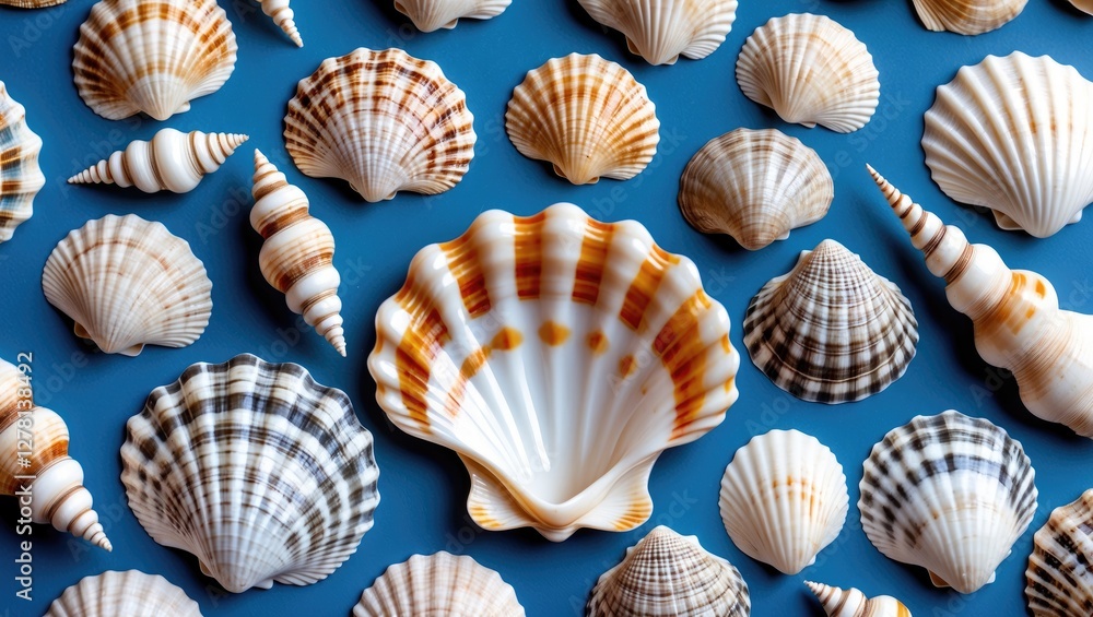 Poster assorted sea shells arranged on a blue background displaying various shapes and patterns of marine l