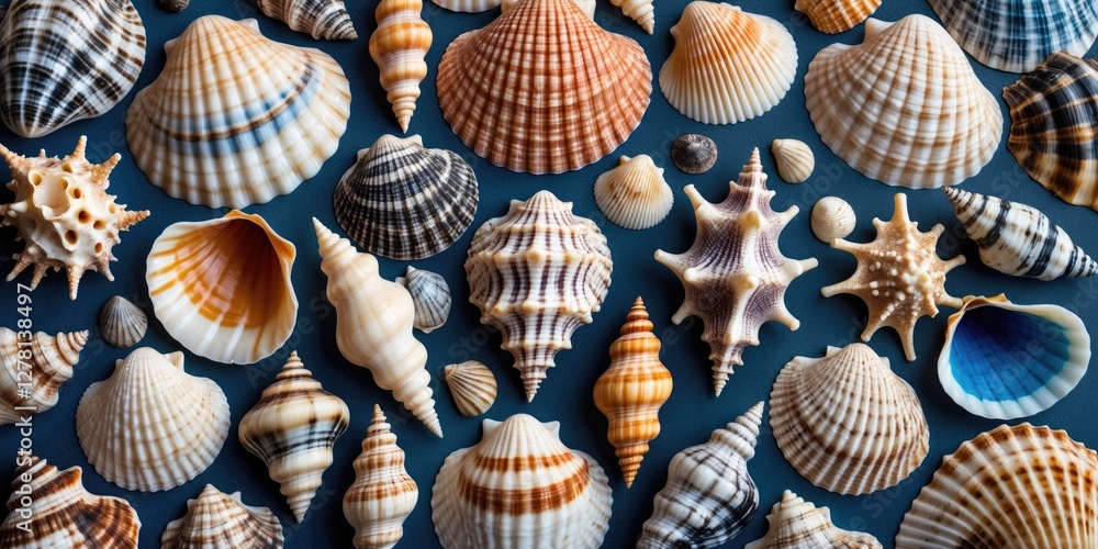 Poster variety of colorful seashells arranged on blue background showcasing different shapes and patterns i