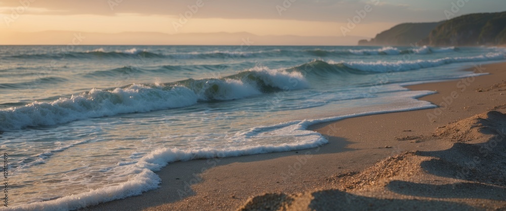 Poster sunset over calm ocean waves lapping on sandy beach with distant hills and soft clouds in the sky