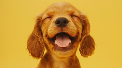 Obraz premium Joyful Puppy Dog Beams With Happiness Against a Vibrant Yellow Background Conveying Pure Delight and Playfulness