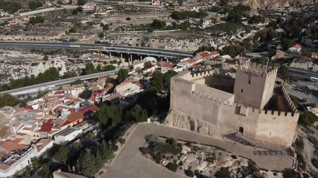 Aerial reveal of the Petrer muslim castle, Spain