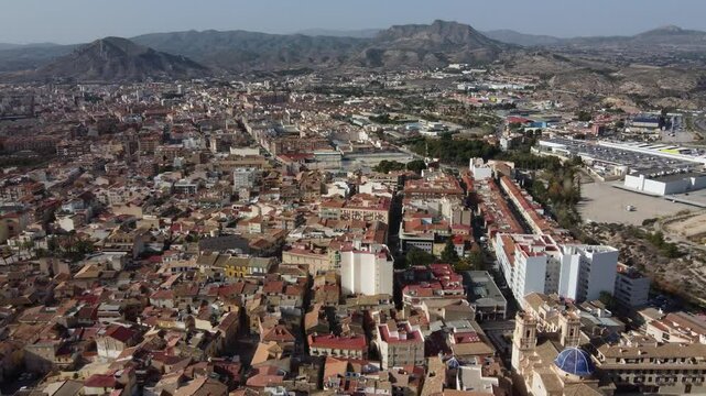 Aerial view of the towns of Elda, in the background, and Petrer, in the foreground, Spain