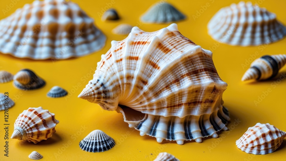 Poster various seashells displayed against a bright yellow background with a focus on a large spiral shell 