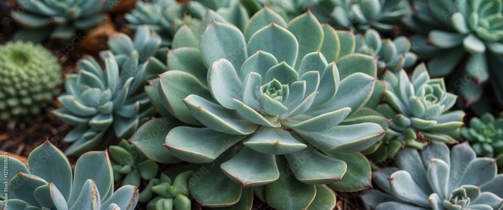 Poster close-up view of various succulent plants with distinctive green leaves and intricate shapes in a na