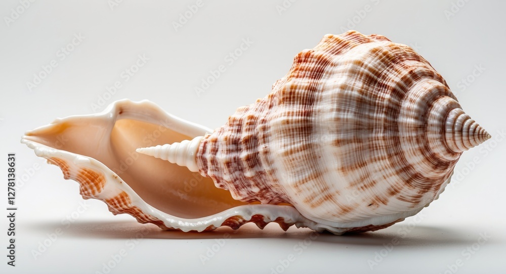 Poster close-up view of a spiral seashell with intricate patterns and colors on a plain background