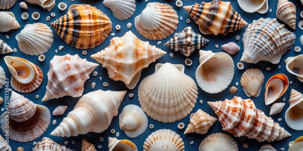 Poster variety of colorful seashells arranged on a blue background showcasing intricate patterns and textur