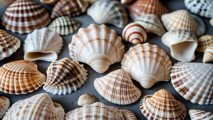 various seashells arranged on a flat surface showcasing different shapes and colors of marine mollusks in natural light