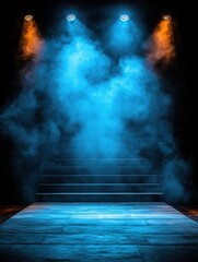 Dramatic stage illuminated by vibrant blue and orange spotlights with smoky atmosphere creating a captivating scene
