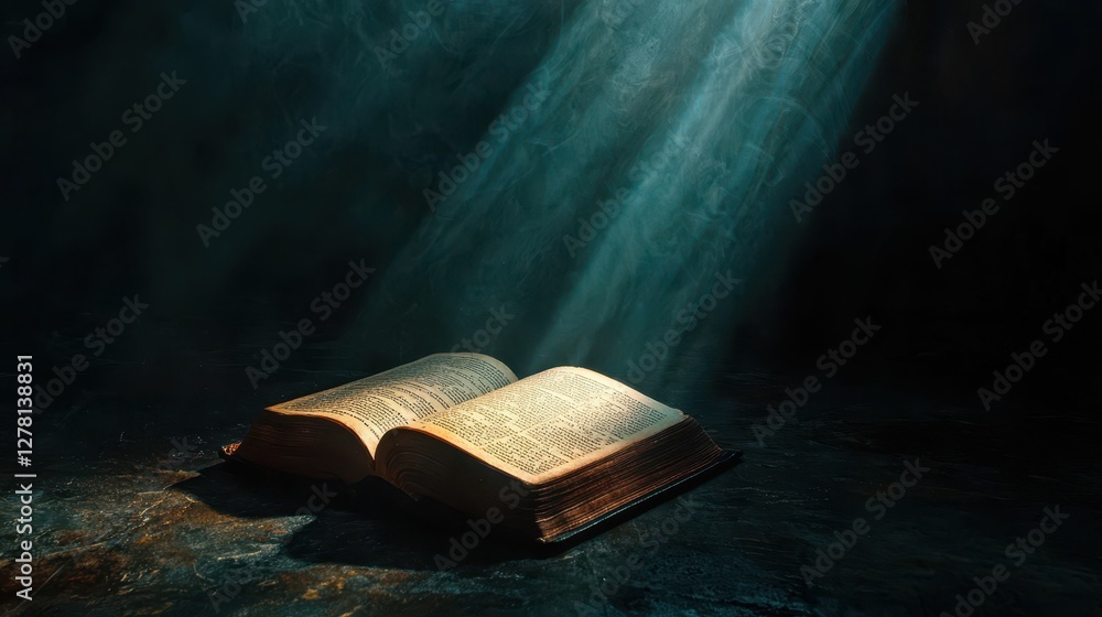 Poster open book with rays of light illuminating pages on dark surface