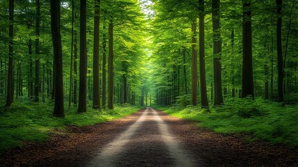 Fototapeta premium Sunlit path through lush green forest (1)