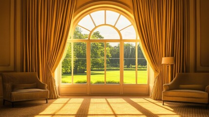Luxurious gold-trimmed curtains framing a grand arched window in a high-end hotel suite.