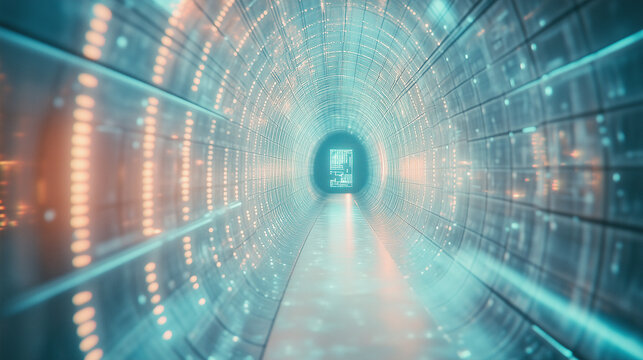 Futuristischer Daten-Tunnel &ndash; K&uuml;nstliche Intelligenz und digitale Netzwerke. Ein strahlender, holografischer Tunnel voller leuchtender Datenstr&ouml;me, der die digitale Zukunft und die Vernetzung von KI.