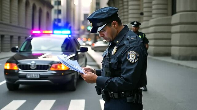 Police Officer Issuing Traffic Ticket in Urban Environment