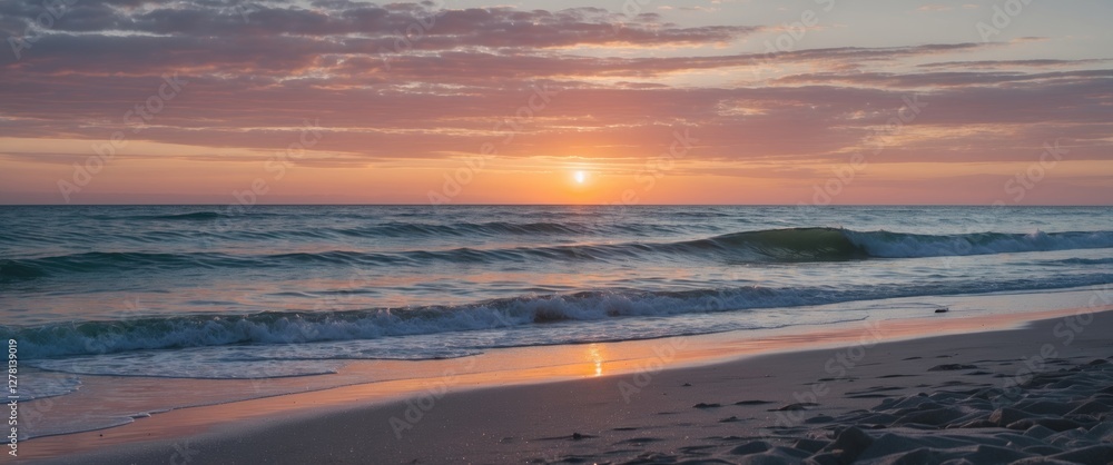 Poster sunset over ocean with waves and sandy beach under colorful sky with clouds in the background during