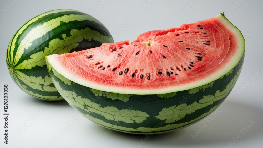 Poster watermelon with slice showing red flesh and seeds on gray background with whole watermelon in backgr