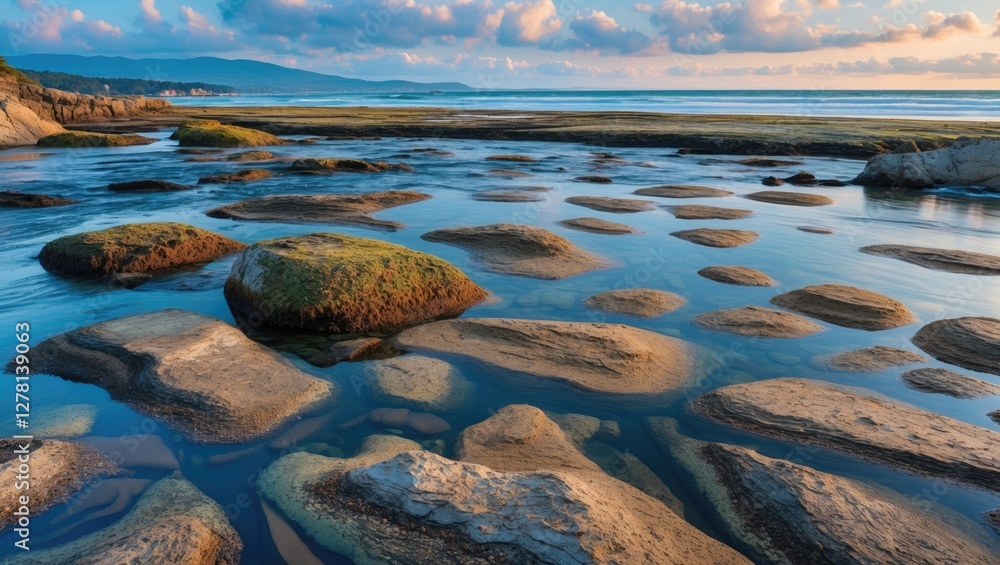 Poster coastal landscape at low tide with exposed rocks and tidal pools reflecting clouds and ocean in the 