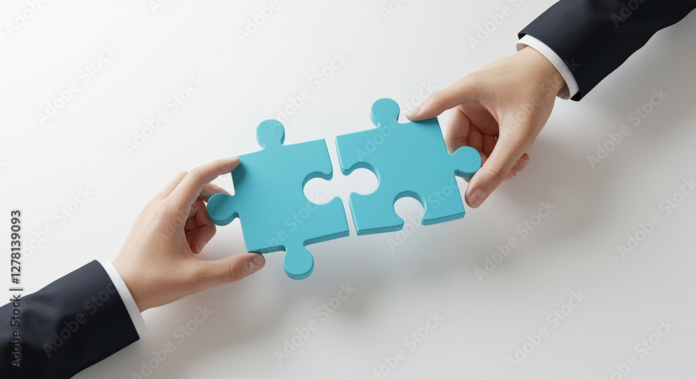 Poster puzzle pieces held by hands representing teamwork and collaboration. two hands connect puzzle pieces