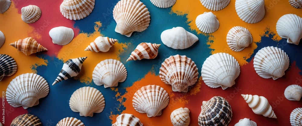 Poster various seashells arranged on a colorful background of orange and blue hues in an abstract pattern.