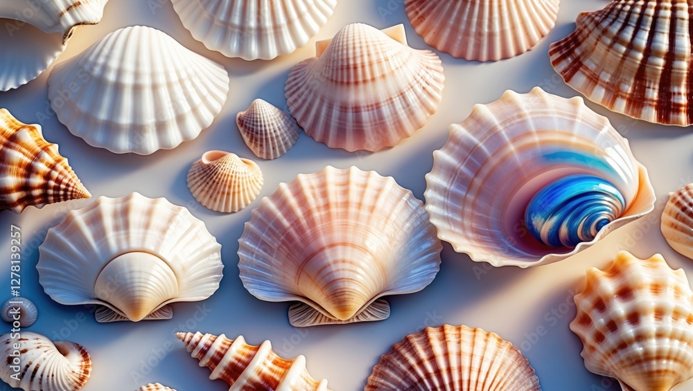 Poster various types of seashells displayed on a neutral surface showcasing diverse shapes and colors of ma