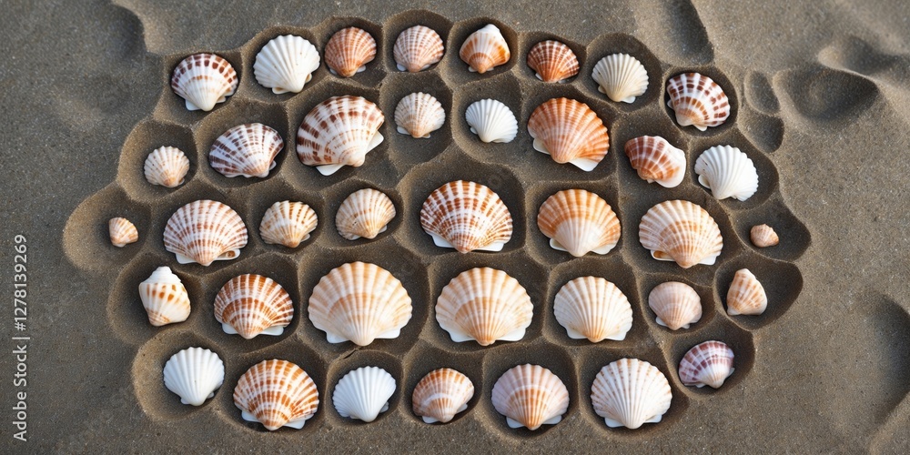Poster collection of assorted seashells arranged on sandy beach surface with varying colors and sizes