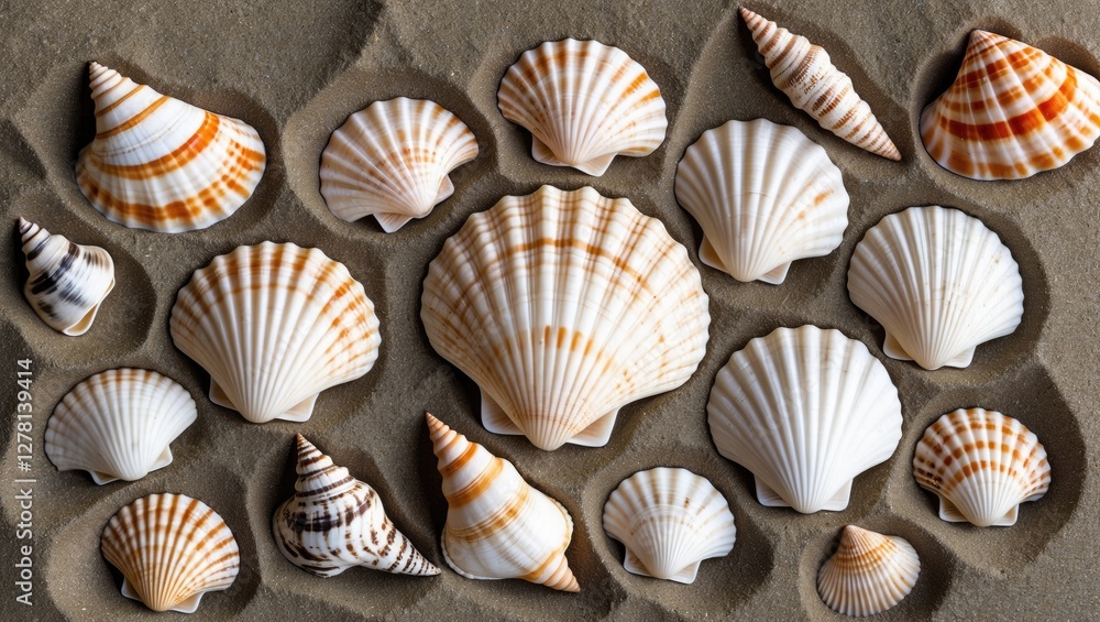 Poster collection of various seashells arranged on sandy surface displaying intricate patterns and colors i