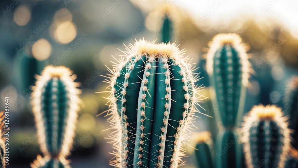 Poster cacti with spines in a desert garden during golden hour with soft bokeh background and blurred green
