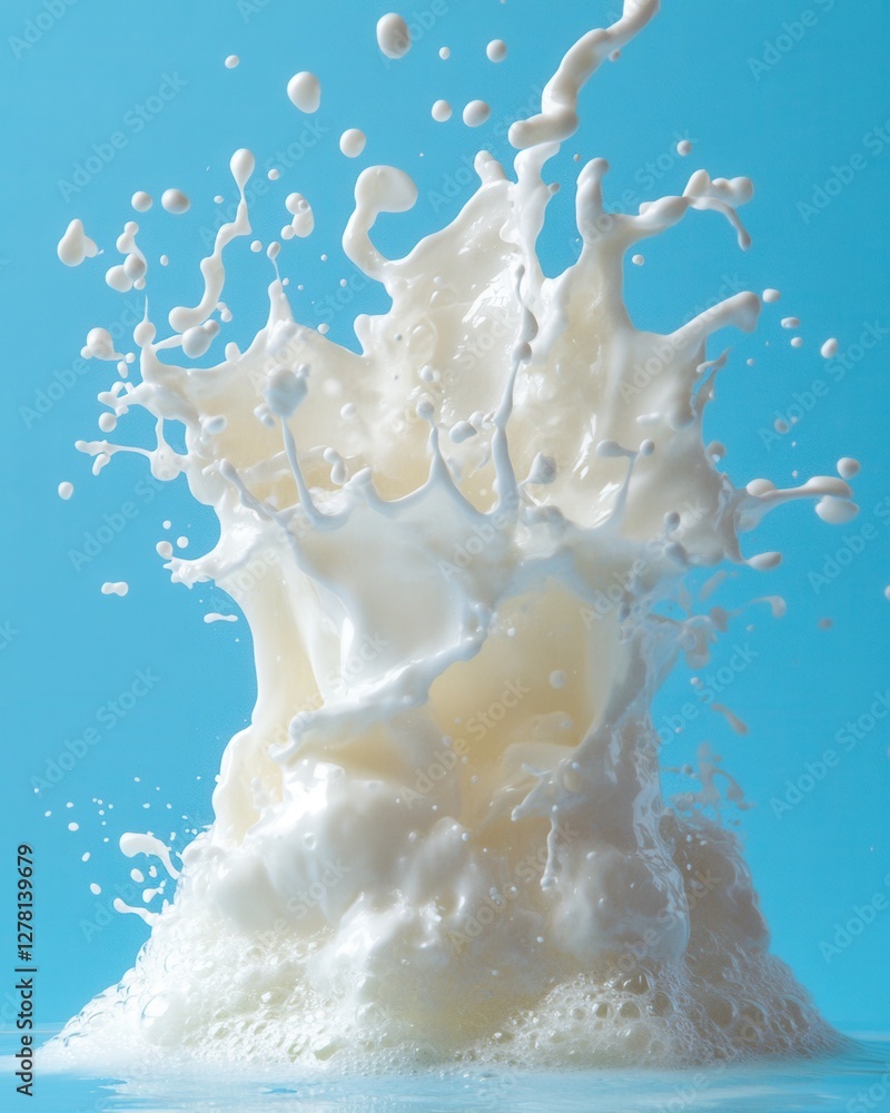 Aufkleber dynamic milk splash against a vibrant blue backdrop creating a captivating visual of freshness and p